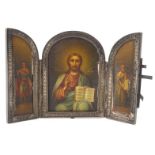 Russian silver framed hand painted icon, Russian script to back, dated 1915, given by Roderick to