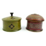 Two wooden Omani spice pots with floral decoration, each 9cm high : For Condition Reports please