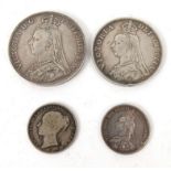 Four Victorian silver coins including 1889 crown : For Condition Reports please visit www.