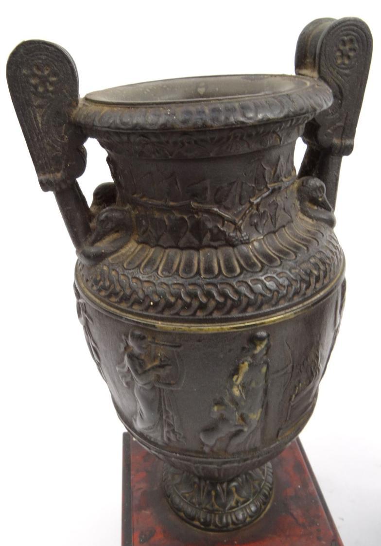 Pair of bronze urns decorated with classical scenes mounted on red marble bases, 23.5cm high : For - Image 3 of 6