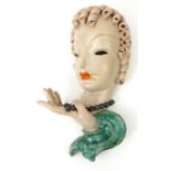 Handpainted Goldschneider Art Deco lady pottery wall mask, Made in Austria, 32cm high : For