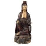 Large oriental Chinese carved wooden Buddha seated on a rock, 50cm high : For Condition Reports