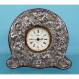 Silver mantel clock with embossed grapevine decoration, London hallmarked, 16cm high : For Condition