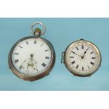 Gentleman's silver open faced pocket watch and an oversized silver wristwatch, the larger 5.2cm