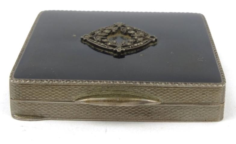Square silver compact with black enamel and marcasite decoration, marked '925' to the interior,