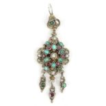 Unmarked white metal pendant set with seed pearls, turquoise and pink stones, 5cm long,