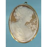 Large cameo maiden brooch set in an 18ct gold mount, 6cm long, approximate weight 19.2g : For