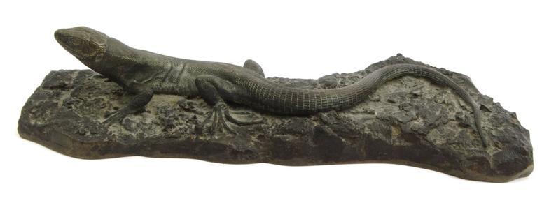 Bronze lizard on a rock paperweight, 21cm long : For Condition Reports please visit www.