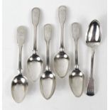 Five Georgian silver spoons and a Victorian example, 17cm long : For Condition Reports please