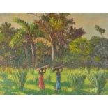 Cantimoy 1966 - Oil onto canvas of females gathering firewood in the forest, inscribed signature and