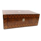 Victorian mahogany Tunbridge ware writing slope with cube inlaid borders, blue velvet interior and