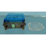 Blue intaglio glass jewel box mounted with colourful stones, together with a clear intaglio glass