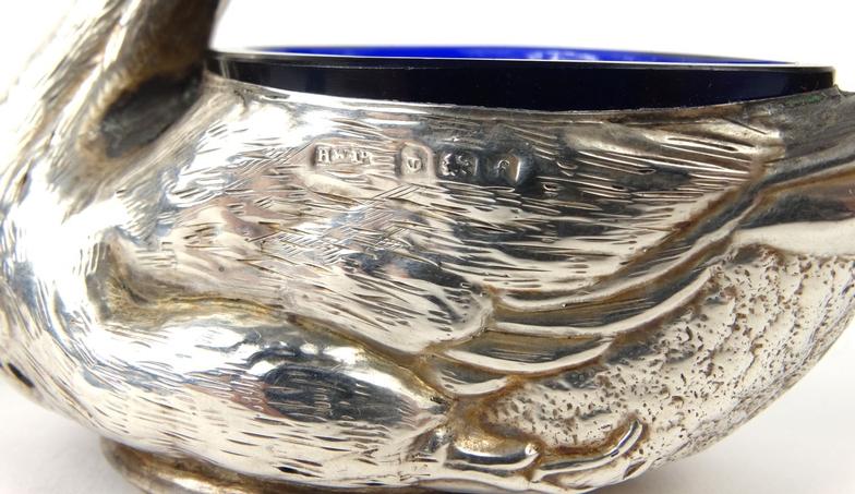 Pair of novelty silver duck salts with blue glass liners, HW Ltd Birmingham 1905-06 and numbered - Image 8 of 8