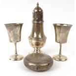 Silver items comprising baluster shaped sifter, pair of goblets and powder pot, the sifter16cm : For