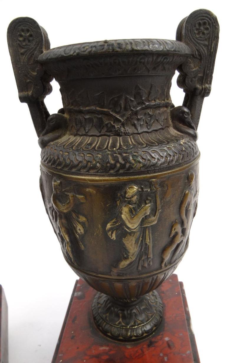 Pair of bronze urns decorated with classical scenes mounted on red marble bases, 23.5cm high : For - Image 4 of 6