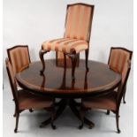Good quality inlaid mahogany circular dining table and six chairs with striped upholstery, 154cm