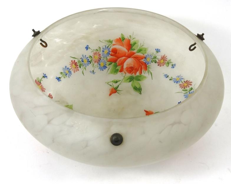 Large Edwardian mottled glass lamp shade with internal floral hand painted roses, 40cm diameter : - Image 2 of 5