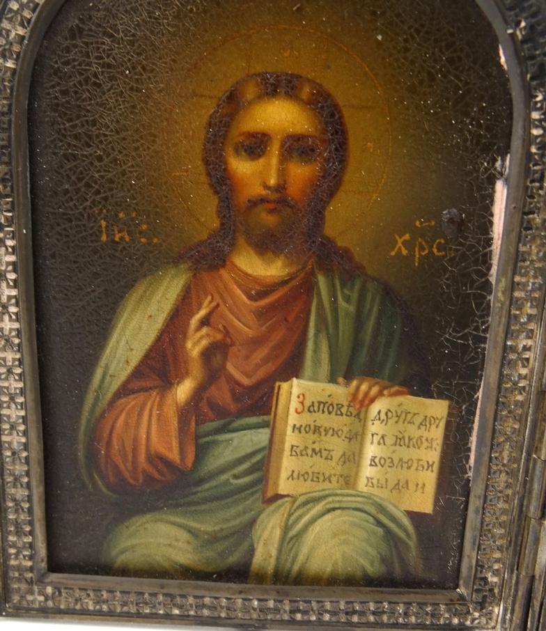 Russian silver framed hand painted icon, Russian script to back, dated 1915, given by Roderick to - Image 4 of 8