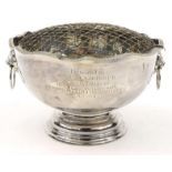 Silver pedestal bowl with lion mask handles presented to Alfred S. Bunker On Completion of Fifty