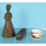 Brass figural table bell, Chinese silver salt and a miniature Continental china cabinet cup and