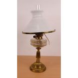 Good quality brass oil lamp with milk glass shade, 60cm high : For Condition Reports please visit