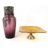 French purple pewter overlaid leaf design vase, Artisan Pratique Paris, together with an amber Art