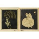 George Barbier 1914 - Two black and white framed prints one of an erotic dancer and one of Pierrot