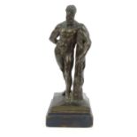 19th Century bronze figure of Hercules, impressed F. Hesse Cassel and Geschutzt, mounted on a wooden