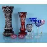 Collection of overlaid glass vases, glasses and salts, the largest 35cm high : For Condition Reports