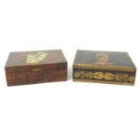 Burr walnut box inlaid with cards, together with a wooden Continental Sorrento style box inlaid with
