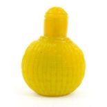 Oriental Chinese yellow glass snuff bottle with bamboo design, 6.5cm high : For Condition Reports