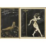 E. Barbier 1914 - Two black and white prints of erotic dancers, each mounted and framed, the