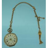 Lady's 14ct gold pocket watch with 9ct gold watch chain, the watch 3cm diameter, approximate