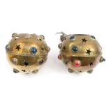 Pair of Middle Eastern globular brass light shades set with cabochon colourful glass, each 14cms :