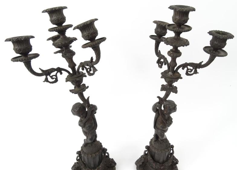 Pair of Victorian bronze cherub candelabra with putti supports, 45cm high : For Condition Reports - Image 3 of 8