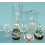 Two cut glass decanters - one with a millefiore cane stopper, two Stuart Crystal brandy glasses