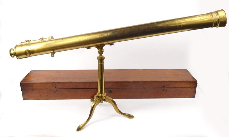 Victorian brass telescope on stand, Lejeune & Perkens, Hatton Gardens, London, housed in a