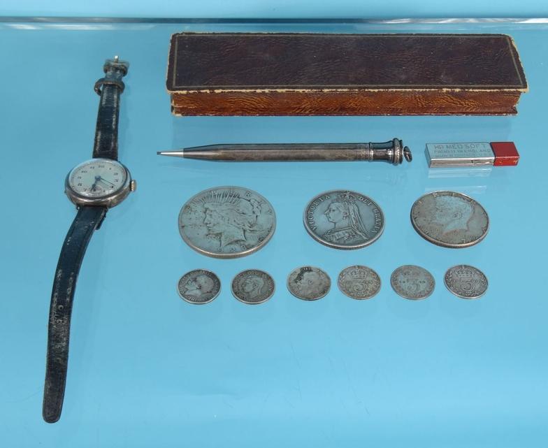 Collection of silver coins, silver wristwatch and a silver propelling pencil : For Condition Reports