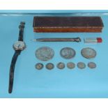 Collection of silver coins, silver wristwatch and a silver propelling pencil : For Condition Reports