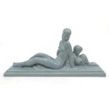 Art Deco Lemanceau crackle glaze pottery figure group of nude reclining female and fawn, 56cm long :