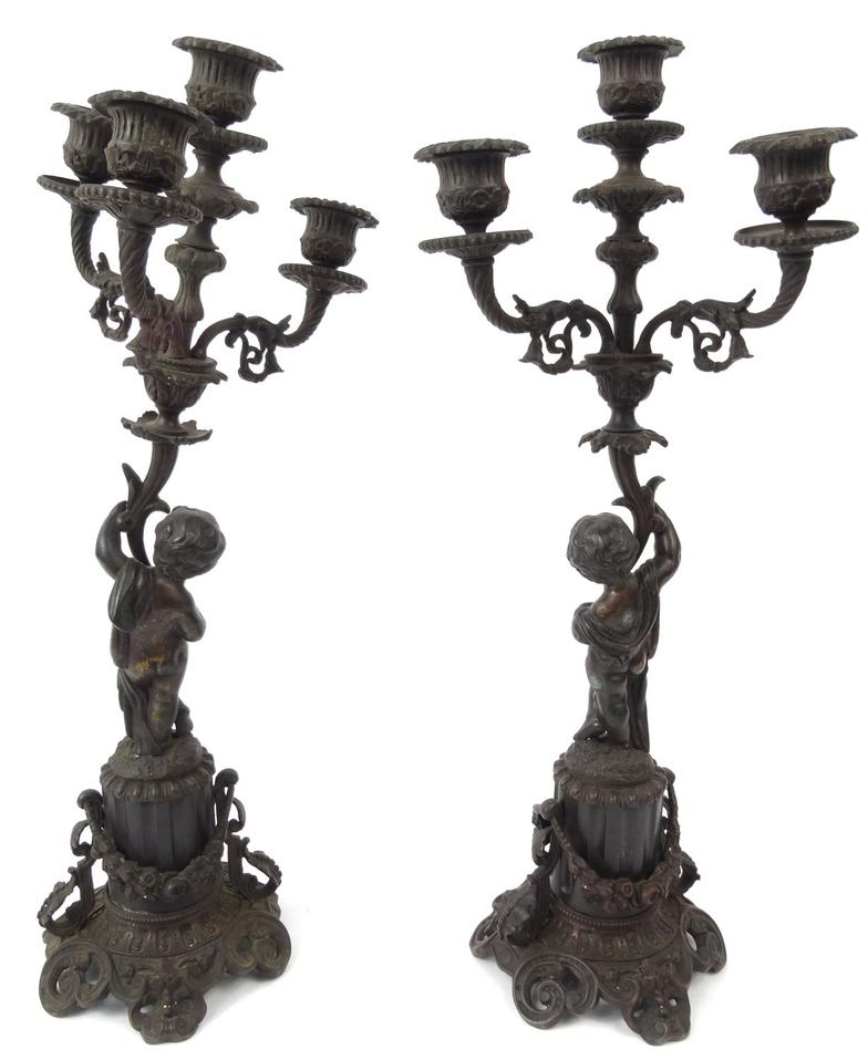Pair of Victorian bronze cherub candelabra with putti supports, 45cm high : For Condition Reports - Image 6 of 8