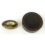 Circular tortoiseshell gold piqué work snuff box, together with a small oval horn example, the