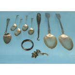 Collection of silver spoons, costume jewellery brooch and a boot hook : For Condition Reports please