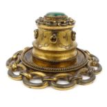 Victorian engraved gilt bronze ink stand with linked chainwork decoration and malachite inset lid,