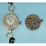 Vertex platinum and diamond lady's wristwatch and a Vertex watch movement : For Condition Reports