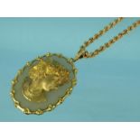 9ct gold diamond and hardstone cameo pendant on a 9ct gold ropetwist necklace, the pendant 5cm high,