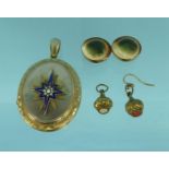Assorted jewellery comprising gilt metal locket with blue enamel and seed pearl decoration, shell