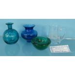 Assorted glassware including a blue Caithness vase and a Lesley Pyke tankard engraved with a