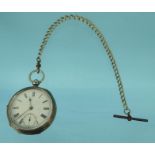 Gentleman's silver open faced pocket watch, with a white metal watch chain, the watch 5.2cm diameter