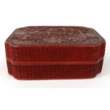 Oriental Chinese red cinnabar lacquer box and cover decorated with a landscape scene, 19cm